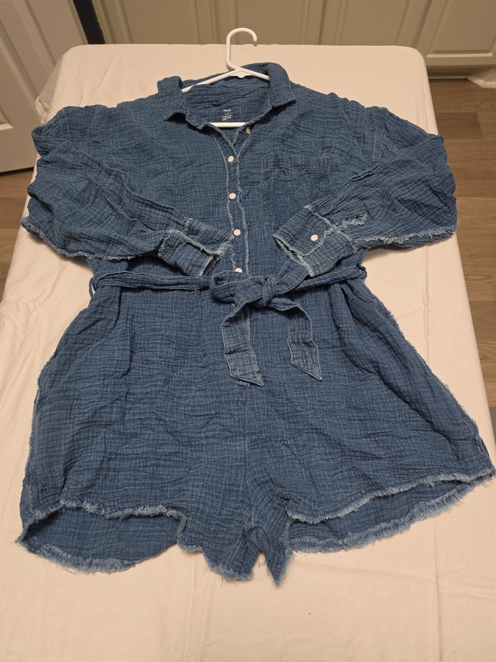 Has Pockets! 100% Cotton Aerie Blue Gauze Button-Front Romper with Tie Waist